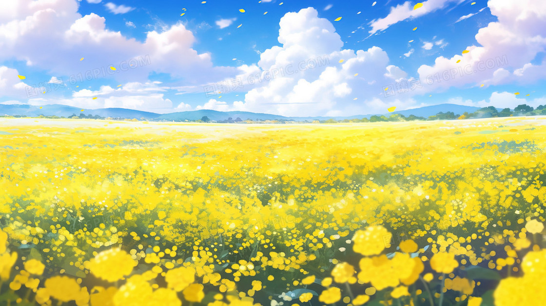 春季蓝天下的黄色鲜花花海插画