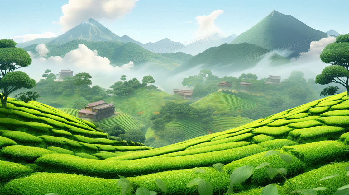 春季绿色山丘上的茶园插画