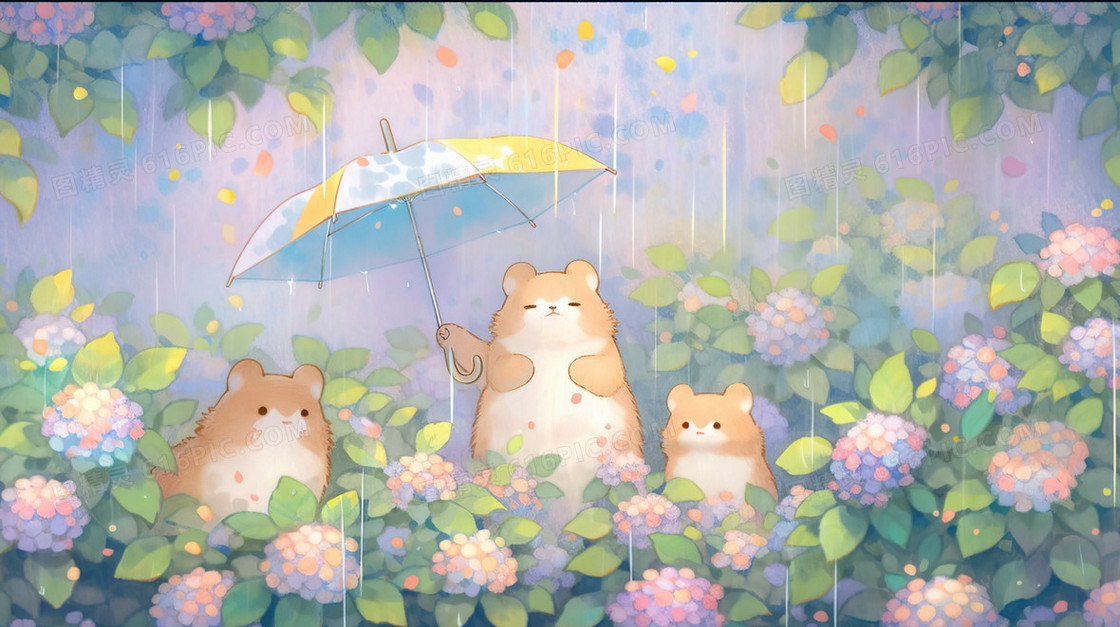 春天花丛中撑伞的可爱小动物插画
