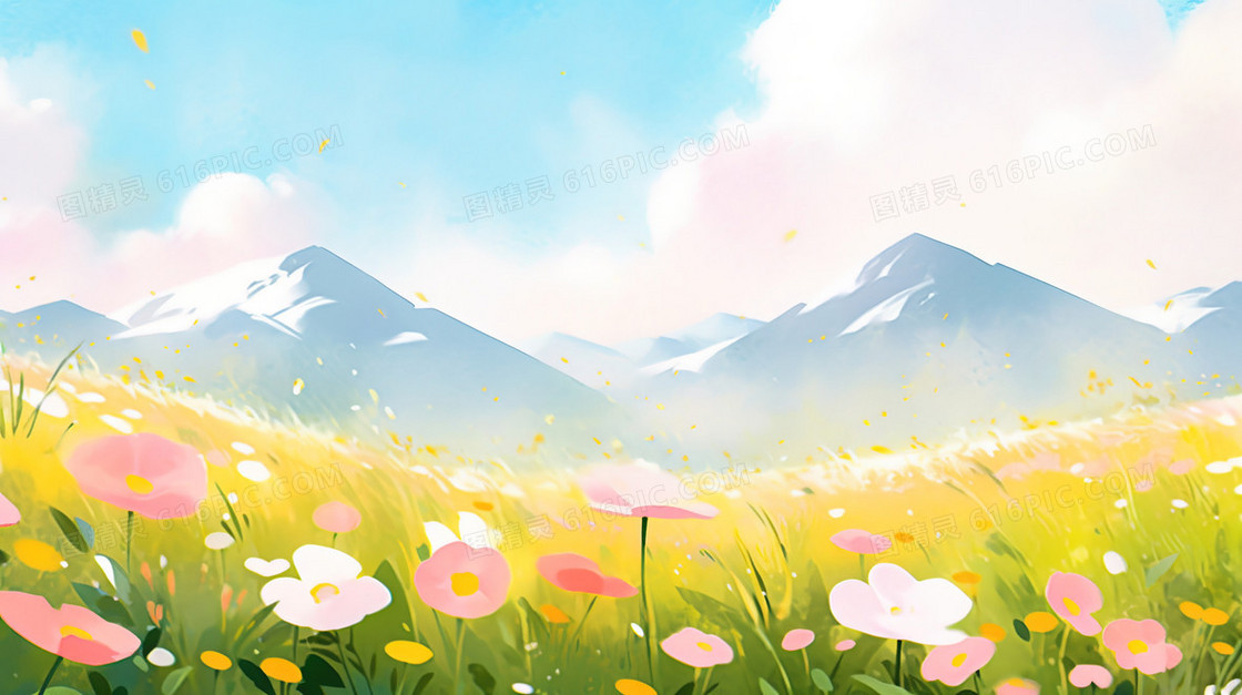 春天绿色山坡上盛开的花朵插画
