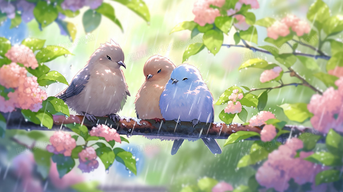 下雨天歇息在花树上的小鸟插画