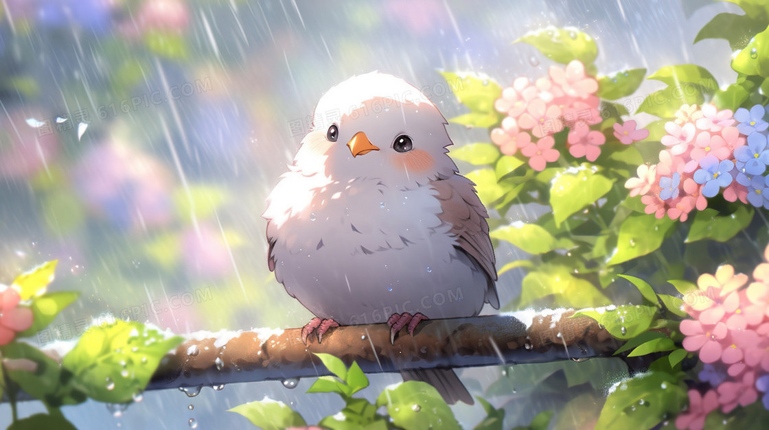 下雨天歇息在花树上的小鸟插画