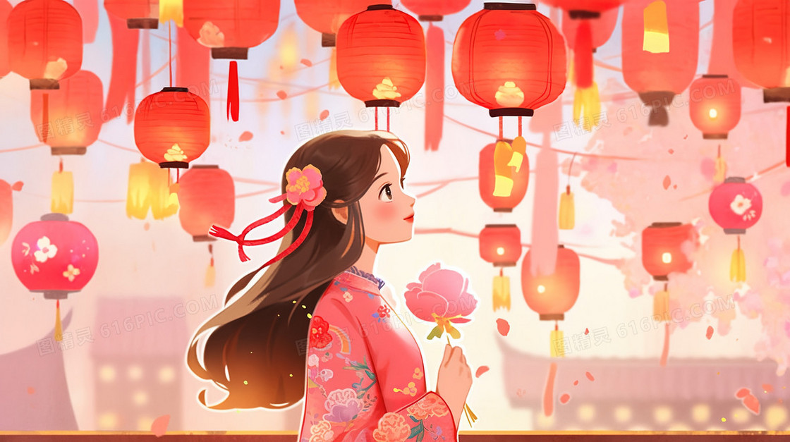 集市上正在逛灯会的女孩插画