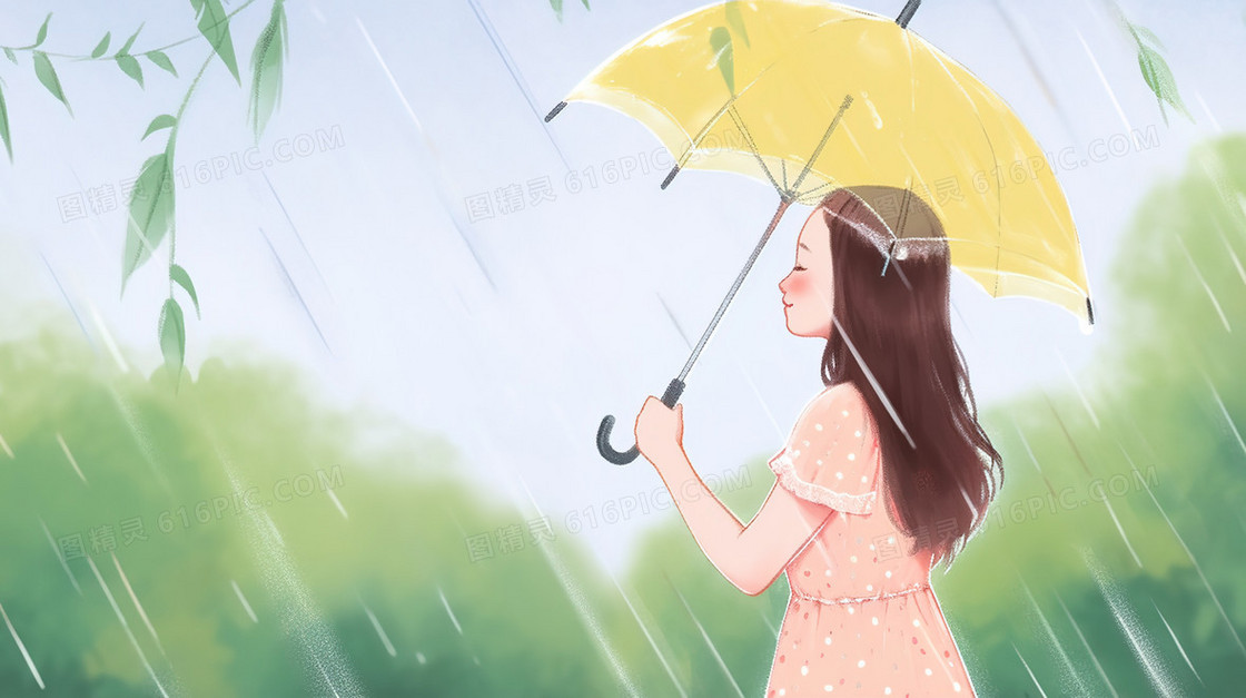 雨中树下撑着雨伞的女生插画