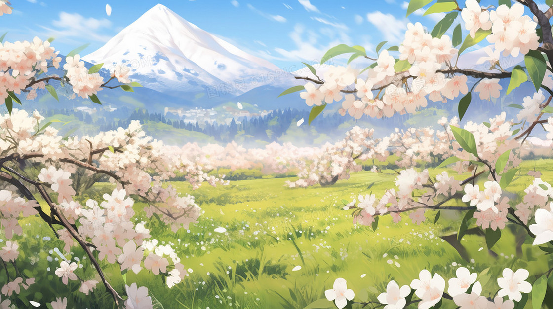 粉色樱花和富士山唯美风景插画