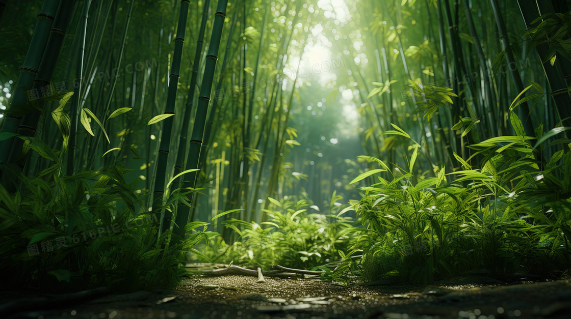 洒进阳光的绿色竹林风景插画
