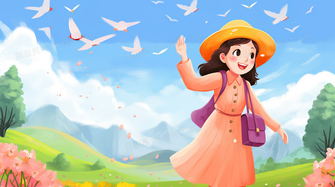 春天在山野郊游戴着帽子的少女插画