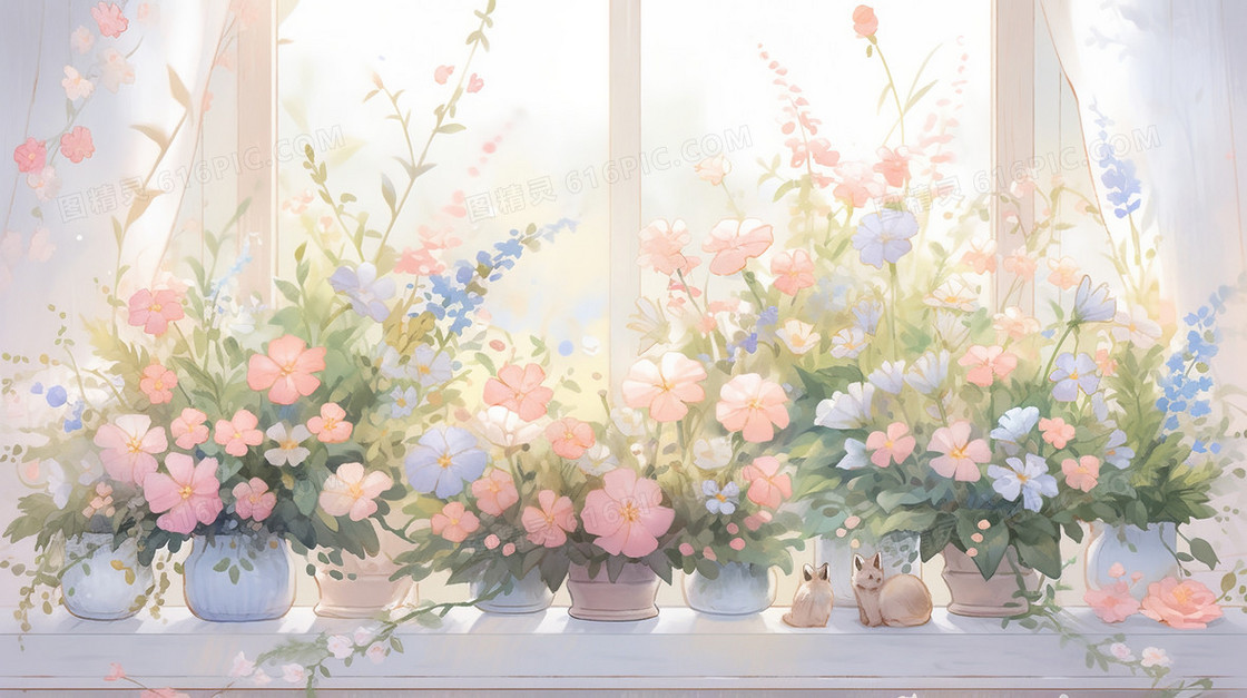 阳光下窗台的鲜花盆栽插图