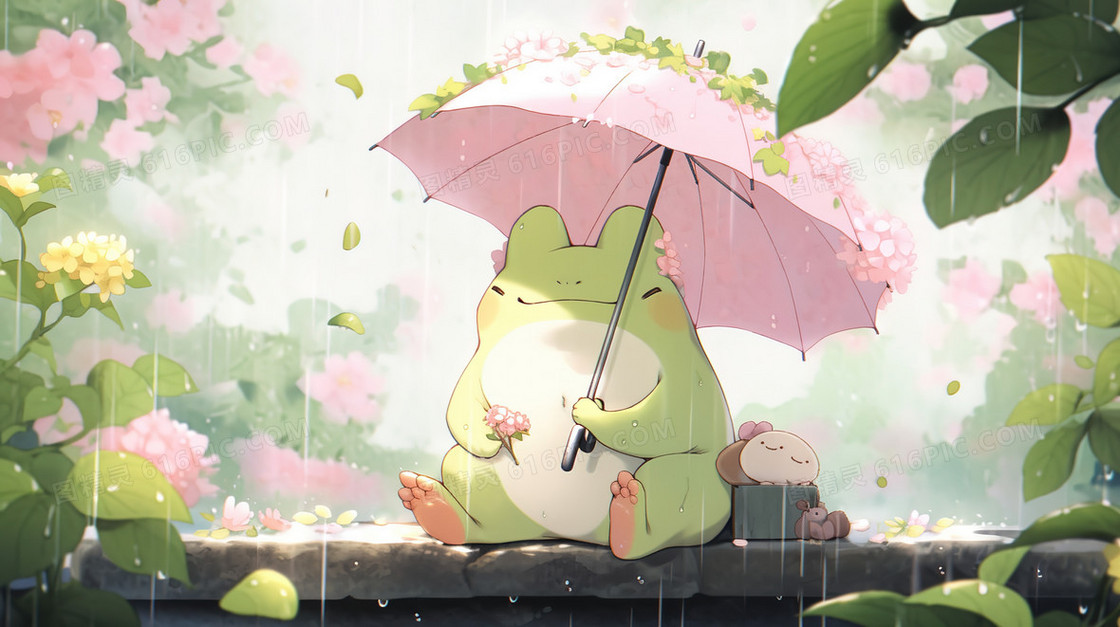 雨中森林里撑着雨伞的小青蛙插画