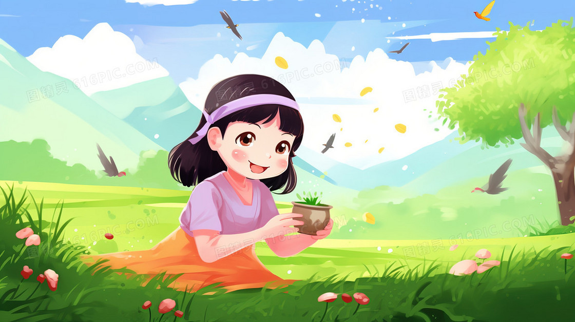春季山野草地上采茶的女孩插画