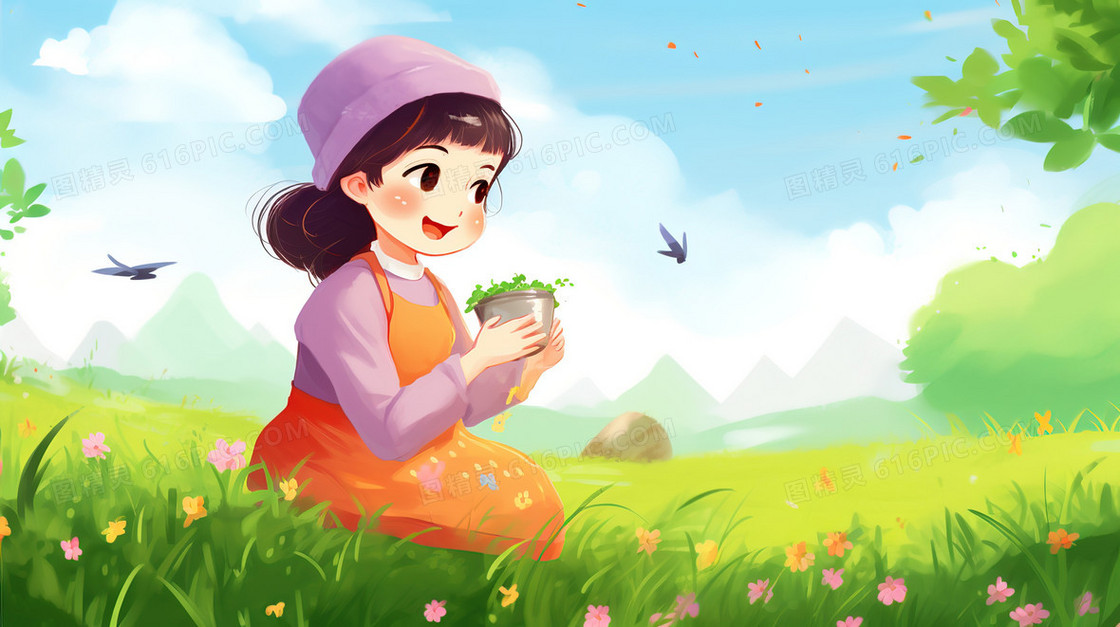 春季山野草地上采茶的女孩插画