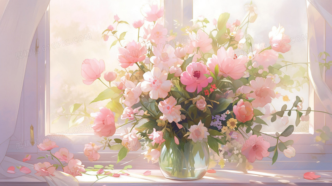 阳光下窗台的鲜花盆栽插图