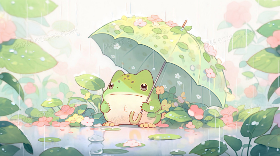 雨中森林里撑着雨伞的小动物插画