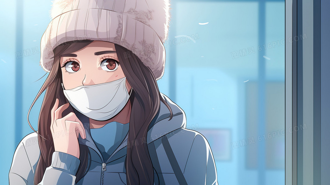 冬天戴口罩的女孩创意插画