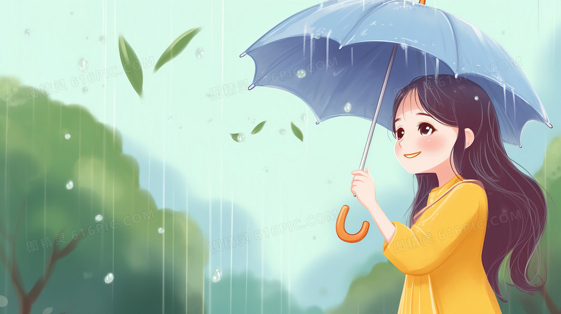 春季雨中山林里撑着雨伞的女孩插画