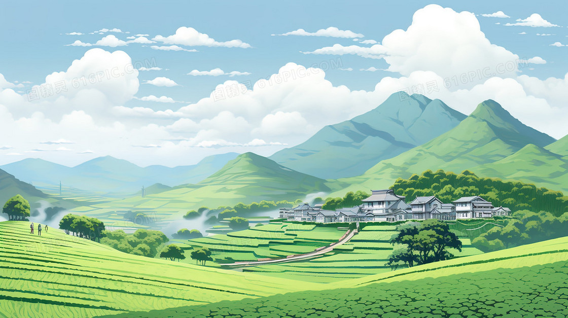 春季乡村高山耕地插画