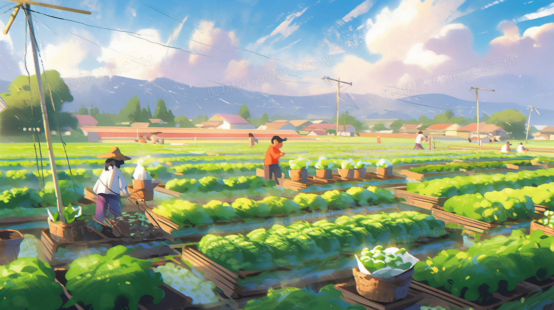春天农民在田地里收割蔬菜插画