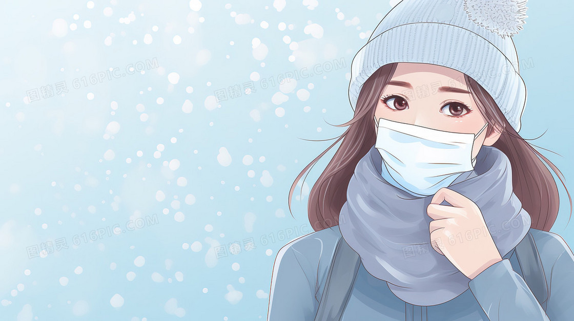 冬天戴口罩的女孩创意插画