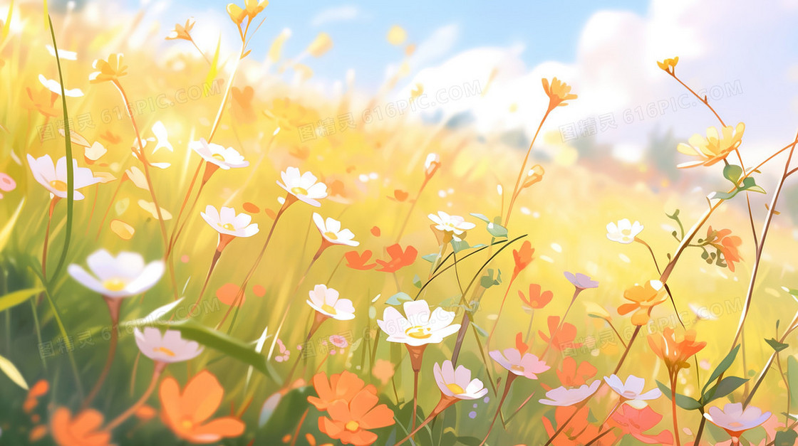 春季山野鲜花草地插画