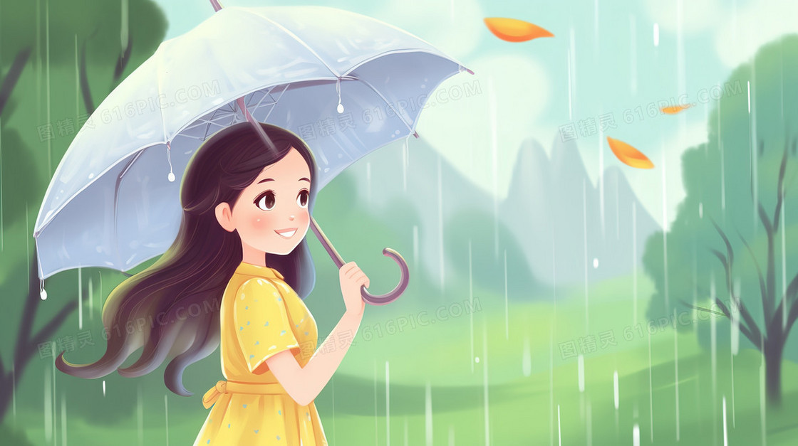 春季雨中山林里撑着雨伞的女孩插画