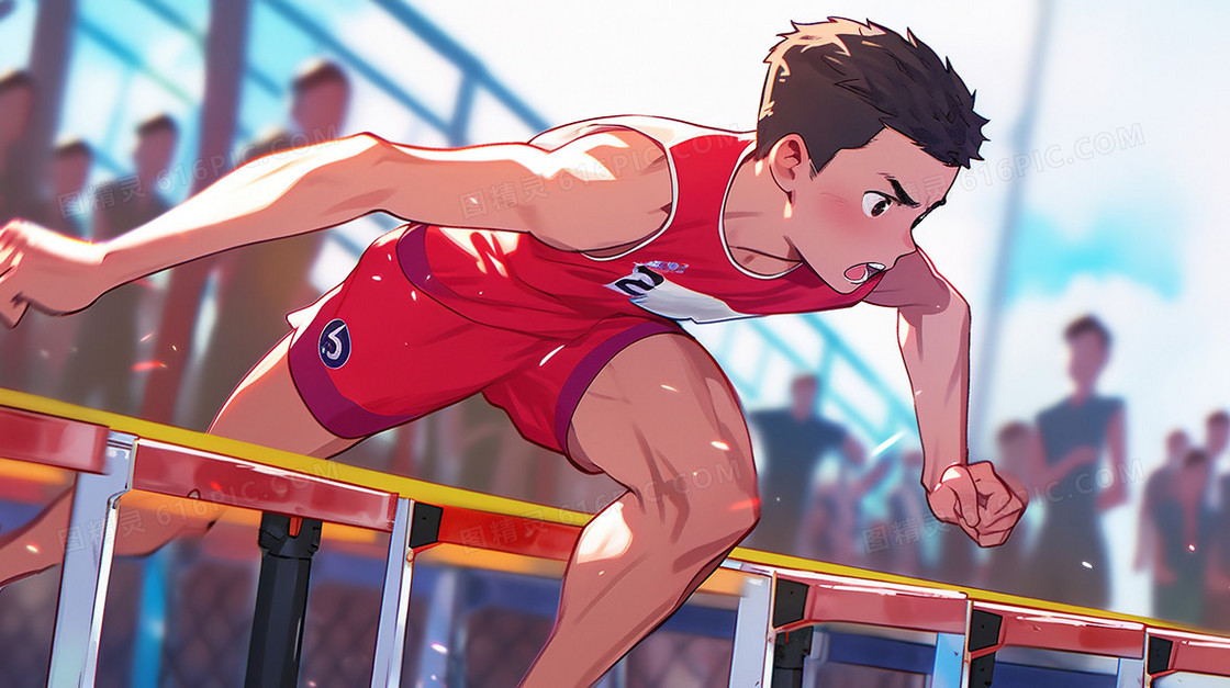 练习跑步跨栏的男生插画