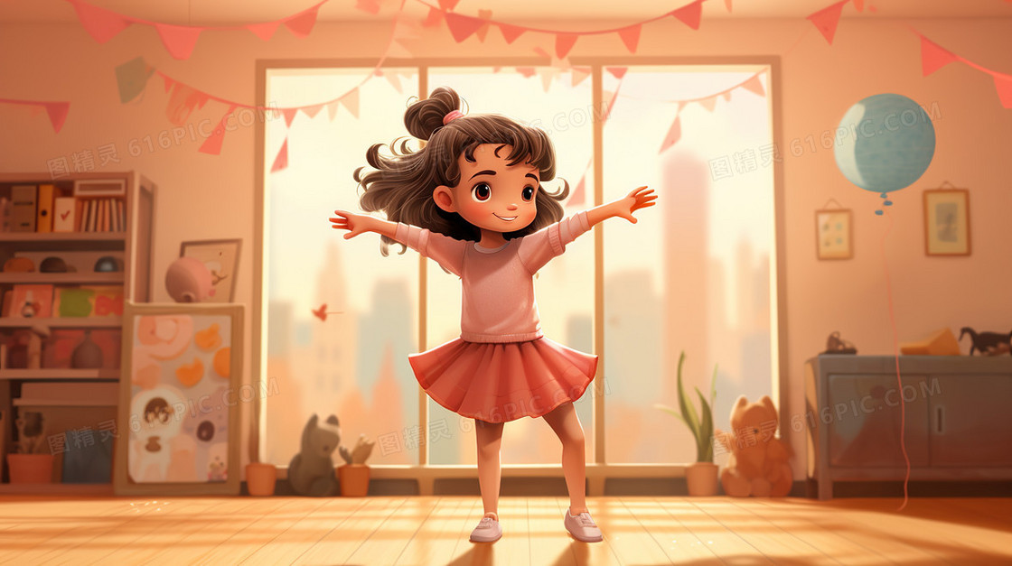 可爱女孩芭蕾舞跳舞场景插画