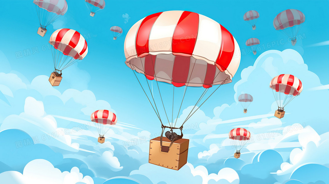 天空中带着礼盒的降落伞插画