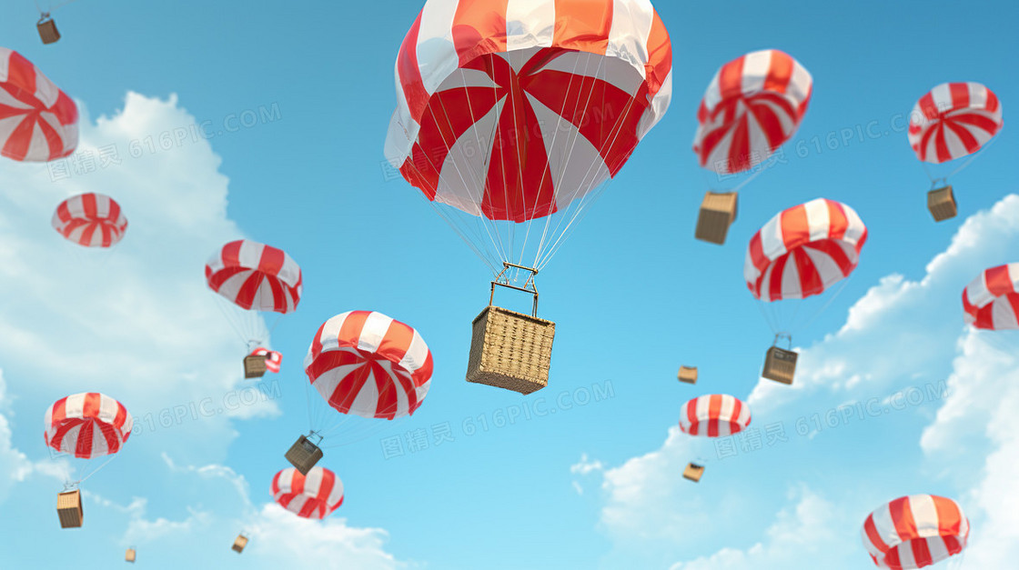 天空中带着礼盒的降落伞插画