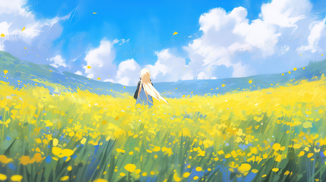 春季花海里的女孩插画