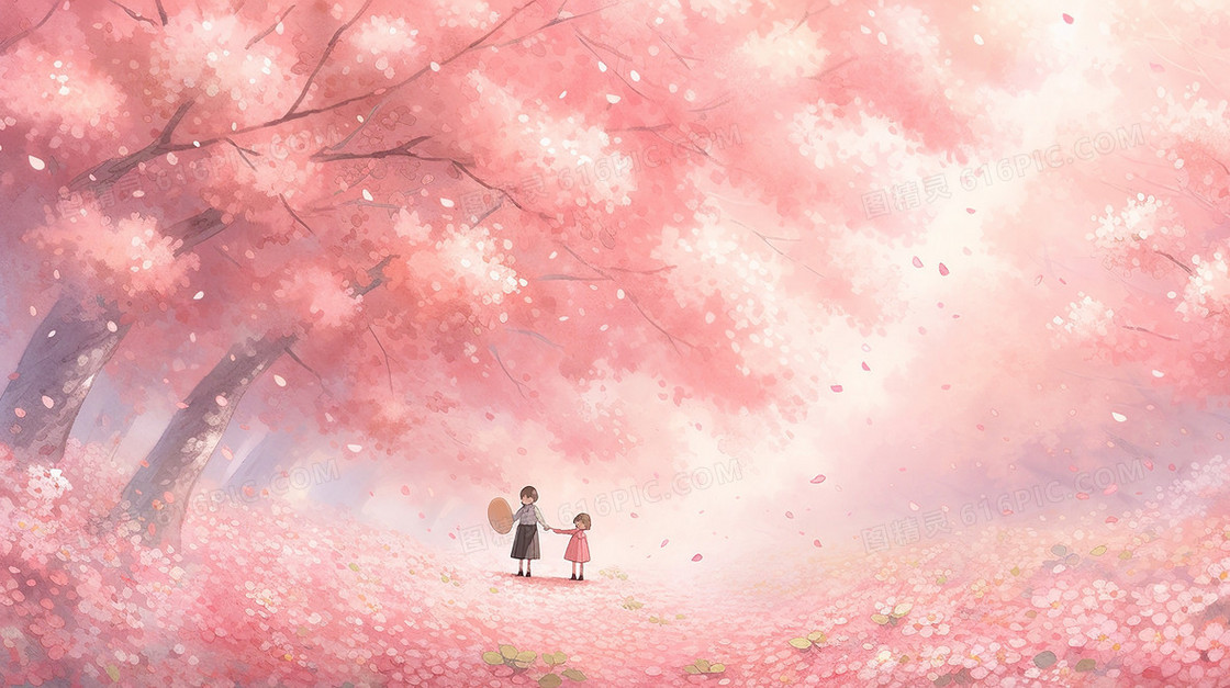 春天粉色樱花树林里的两个孩子插画