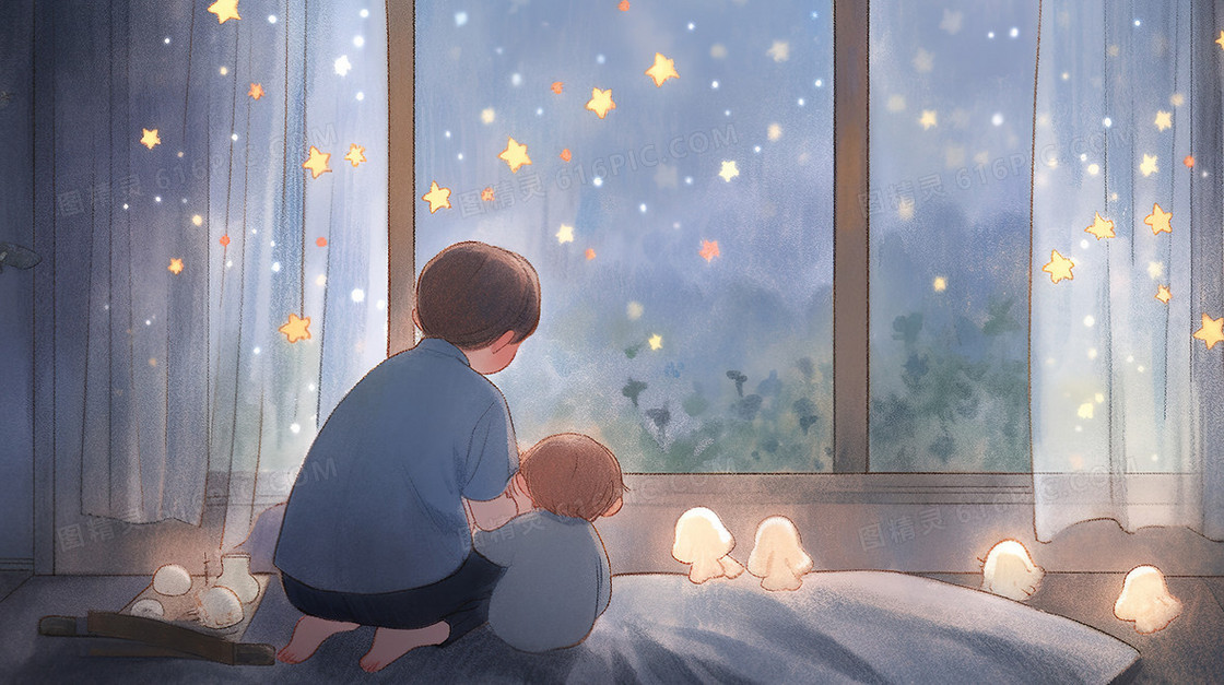 窗户旁床上的两个男孩插画