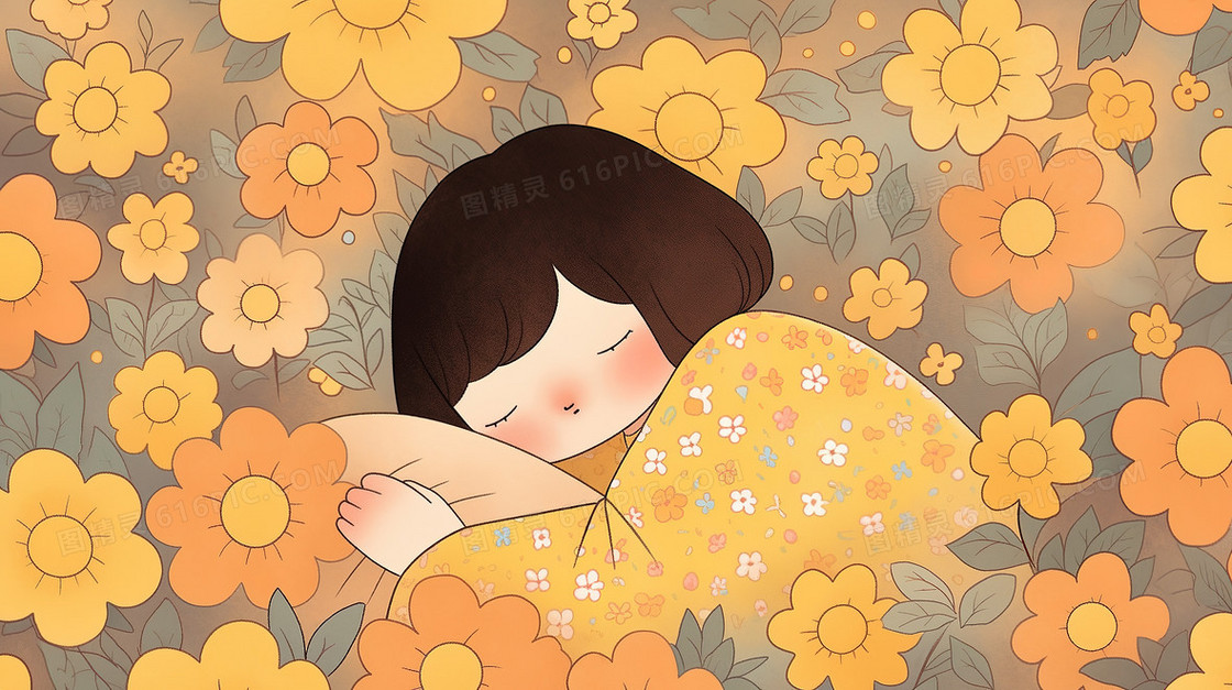 黄色鲜花丛中睡觉的女生插画