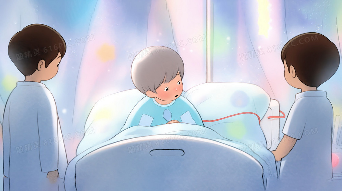 病床上的小男孩插画