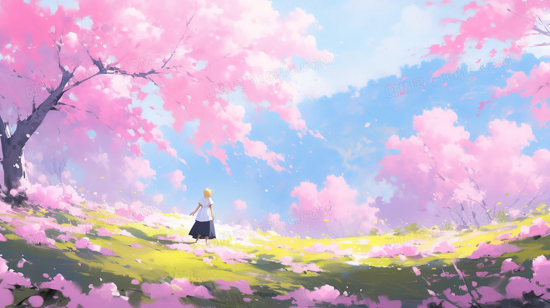 粉色花朵树下的女孩插画