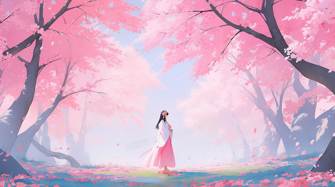 粉色花朵树下的女孩插画