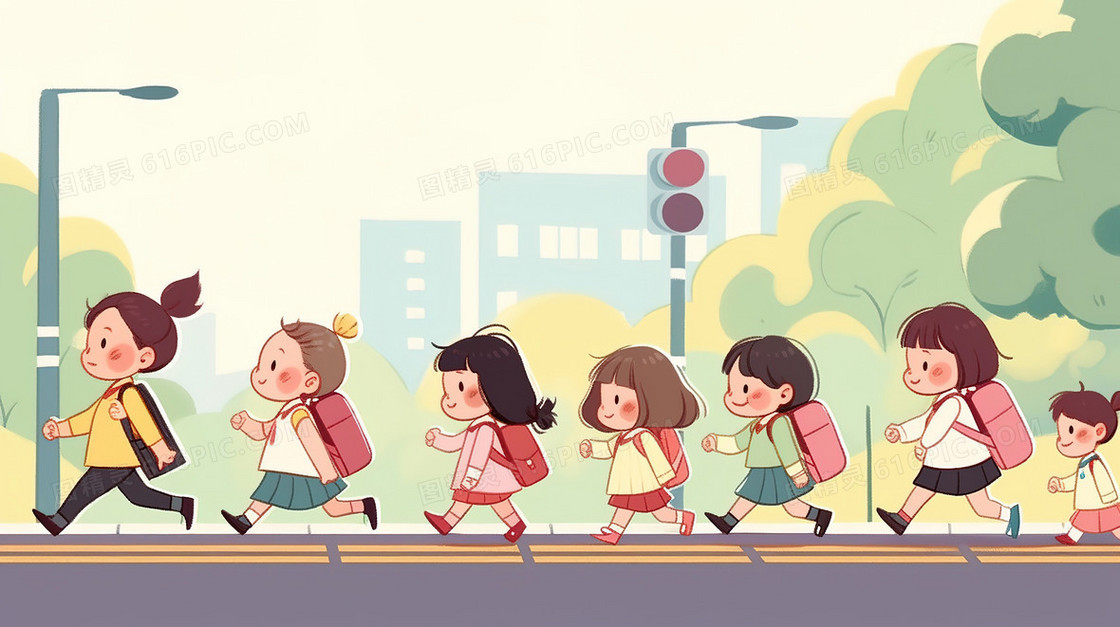 小学生过马路插画