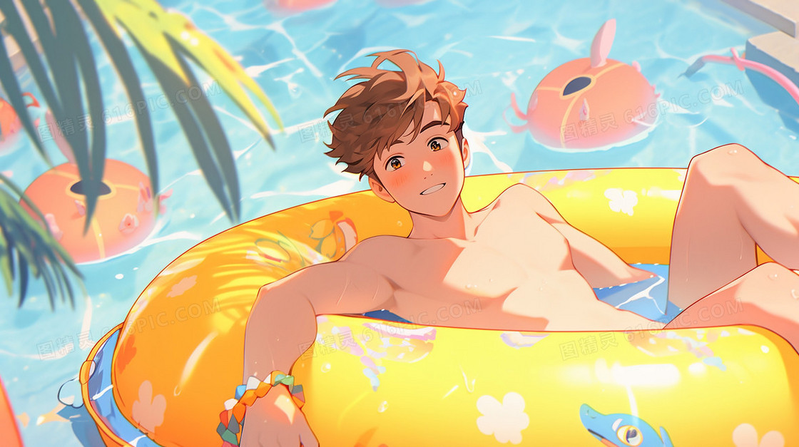 夏日海边带着救生圈游泳的男孩插画