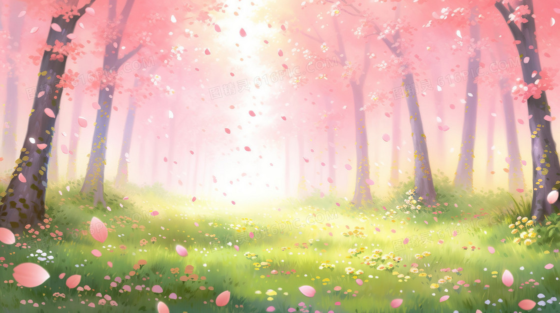 春季盛开的粉色樱花林插画