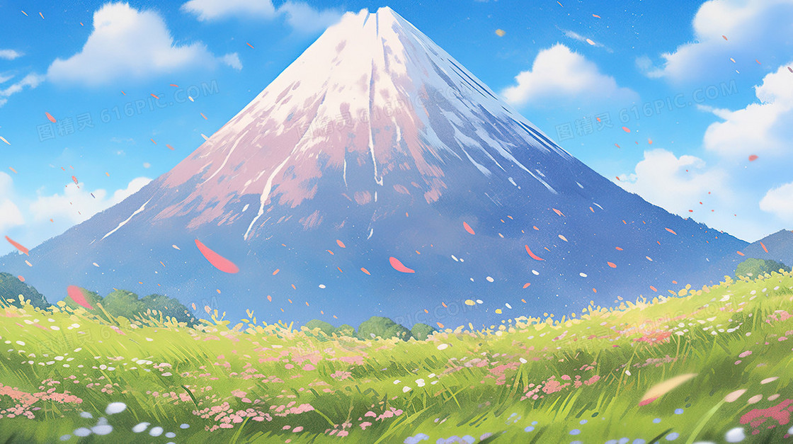 春天草原后的雪山插画