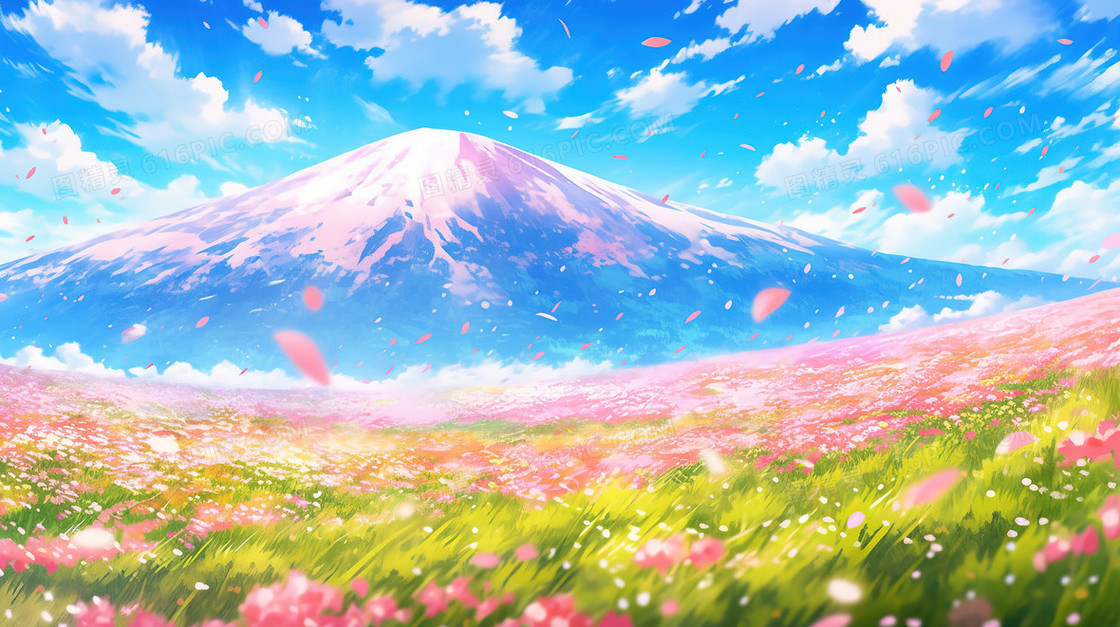 春天草原后的雪山插画