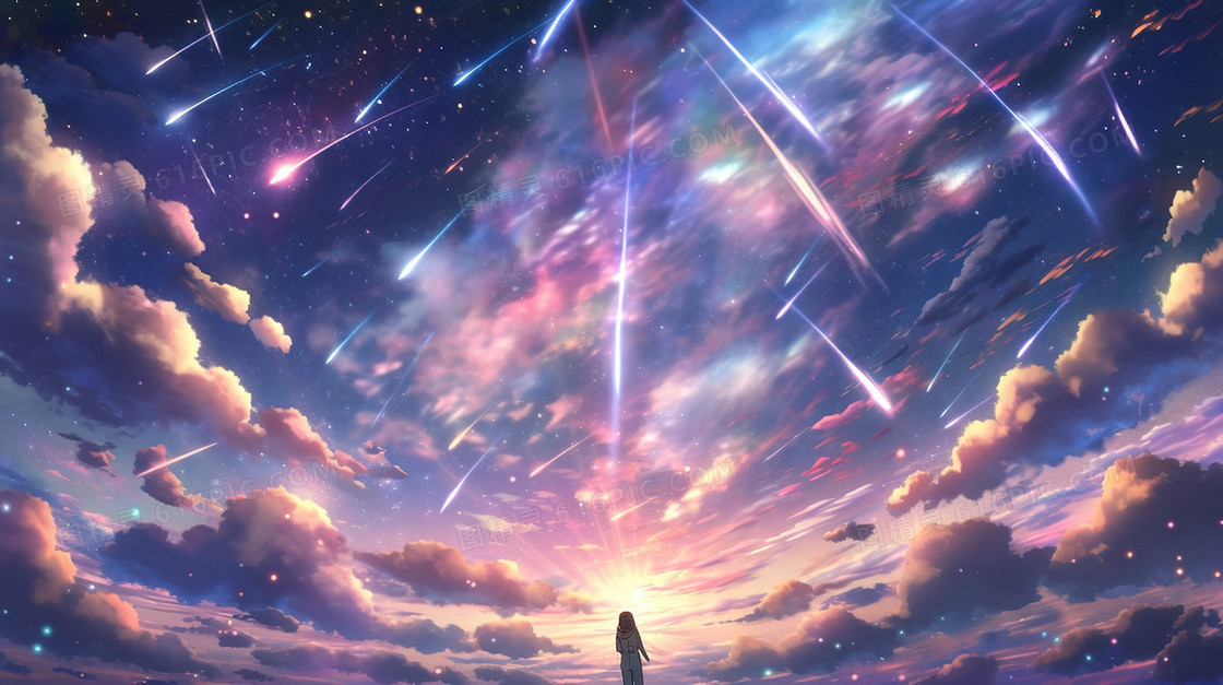 草原上欣赏流星的少女插画
