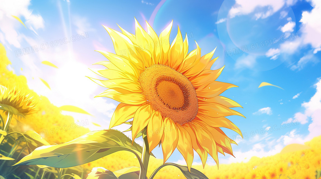 夏日蓝天下的向日葵插画