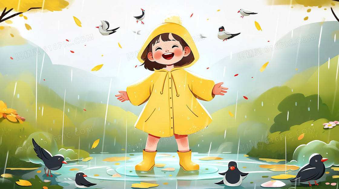 下雨天穿着黄色雨衣的小女孩在水坑踩水插画