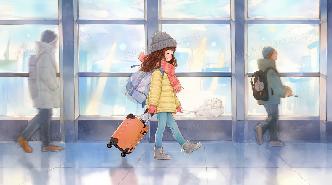 冬天春运回家拿着行李箱的女孩插画
