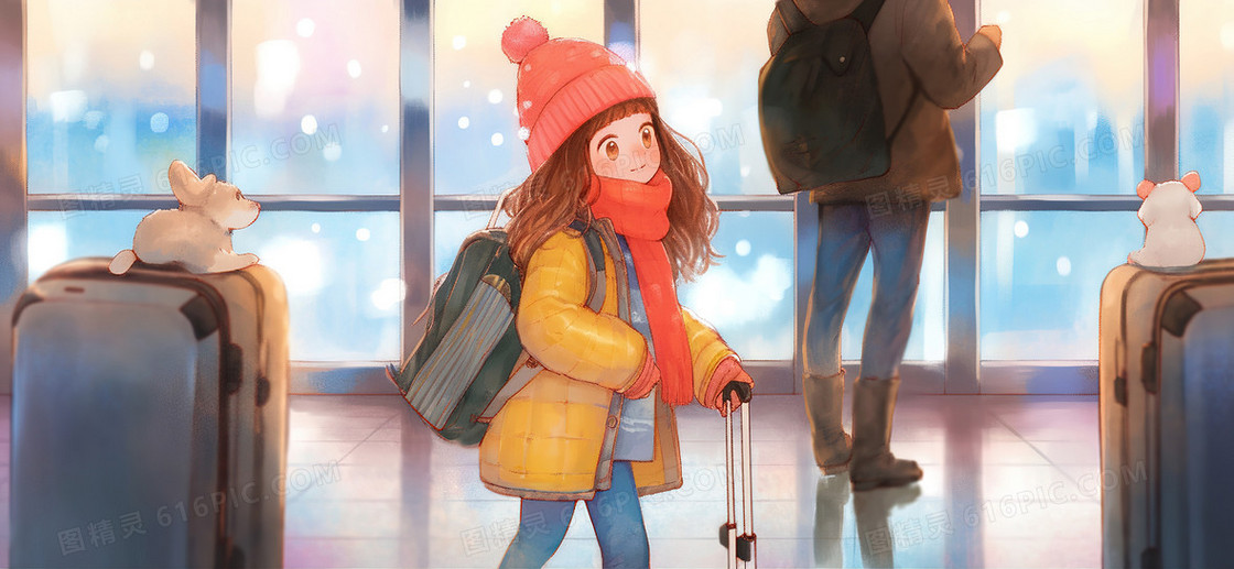 冬天春运回家拿着行李箱的女孩插画