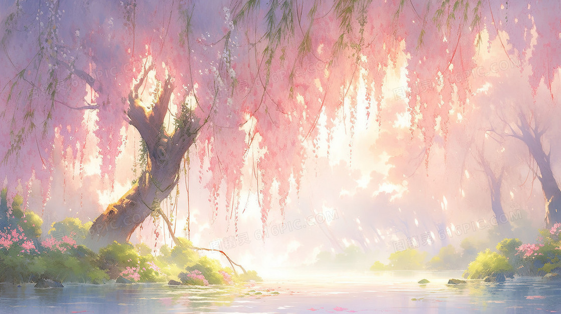 粉色春天唯美山水花树自然风景插画