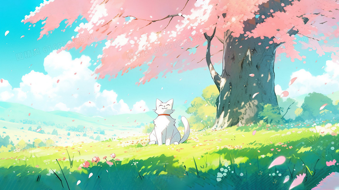 春天蓝天白云樱花树下的小猫风景插画
