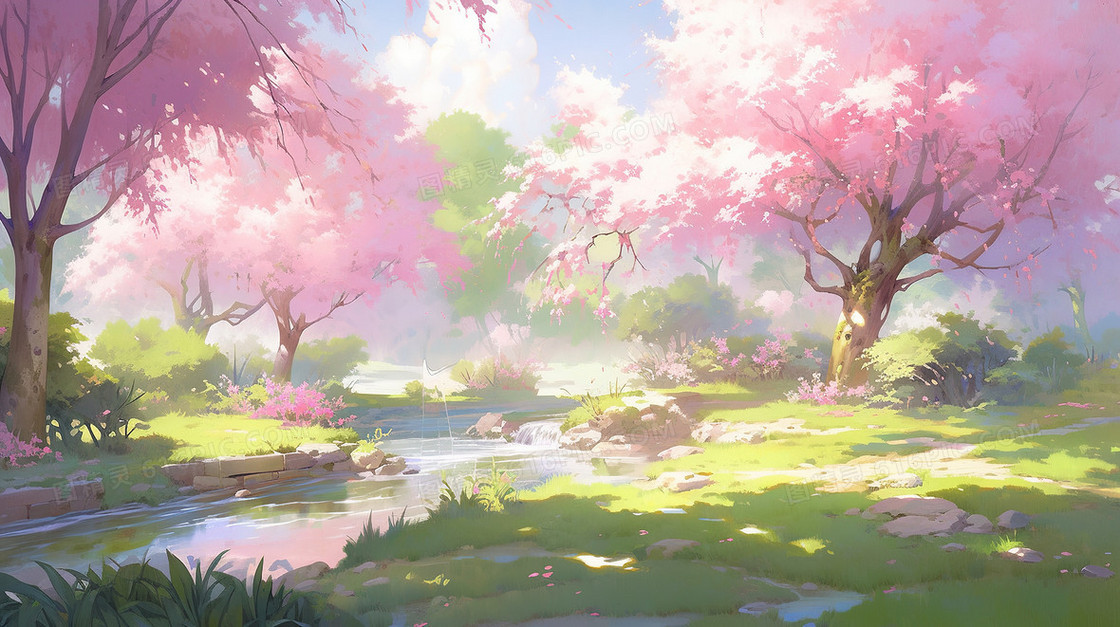 粉色唯美樱花树春天草地蓝天白云自然风景插画