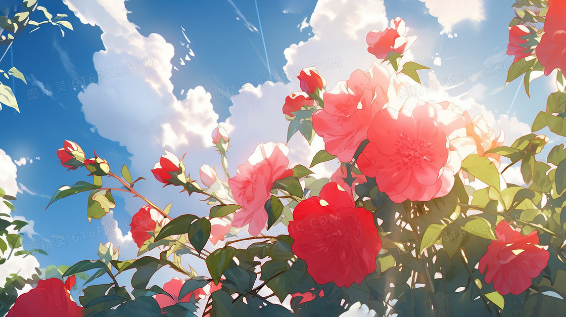 唯美春天蓝天白云下的红玫瑰花海插画