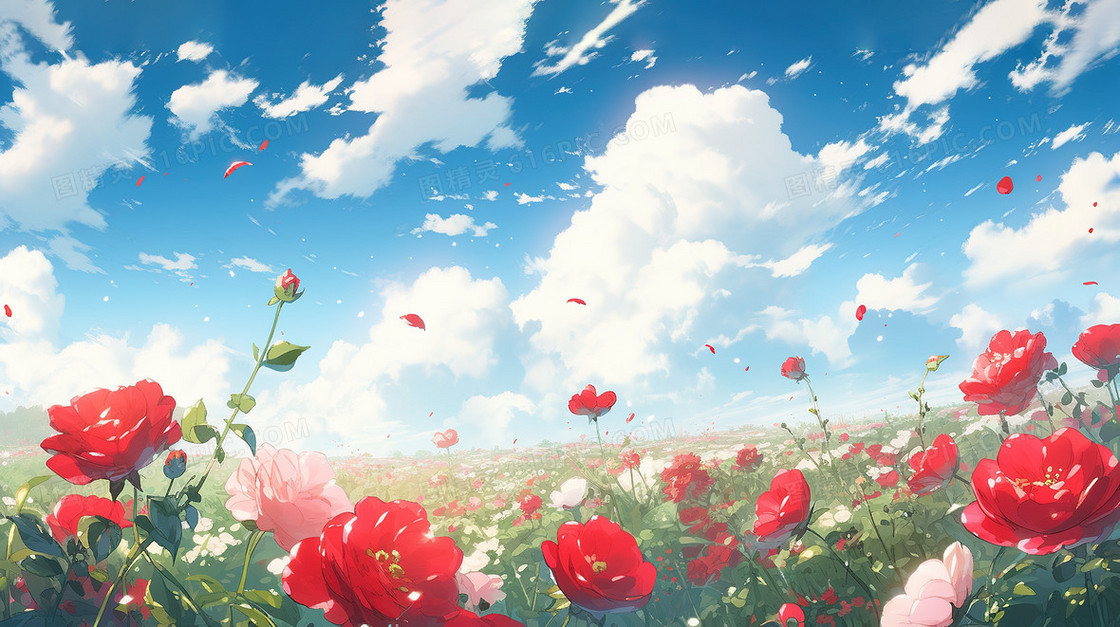 唯美春天蓝天白云下的红玫瑰花海插画